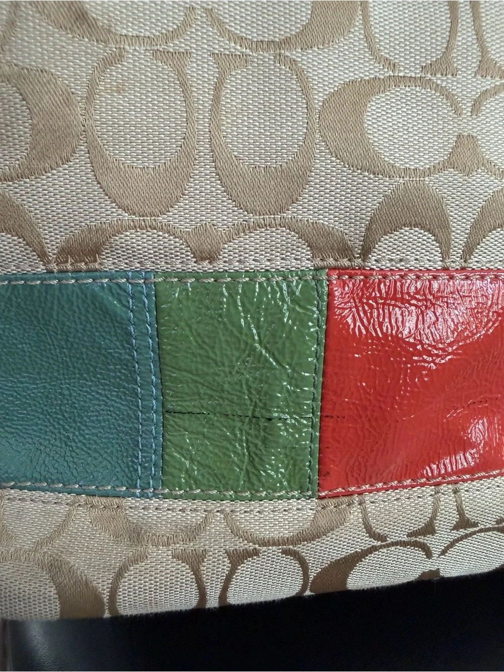 Coach Signature Patchwork Stripe Shoulder  Bag Beige Kisslock Canvas Multi